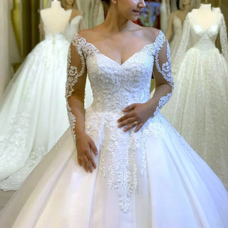 Grazioso abito da sposa in tulle 2025 abito da ballo con scollo a V applicazioni abito da sposa a maniche lunghe Vestido De Casamento personalizzato