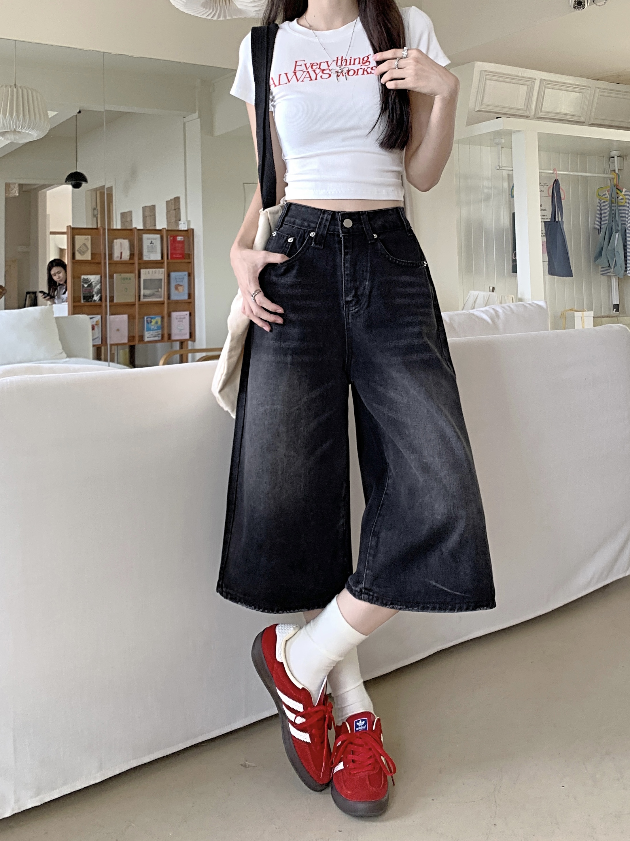 orts de Jeans de Cintura Alta com Corte Solto Estilo Americano para Mulheres, Calças Largas de Verão em Preto Profundo