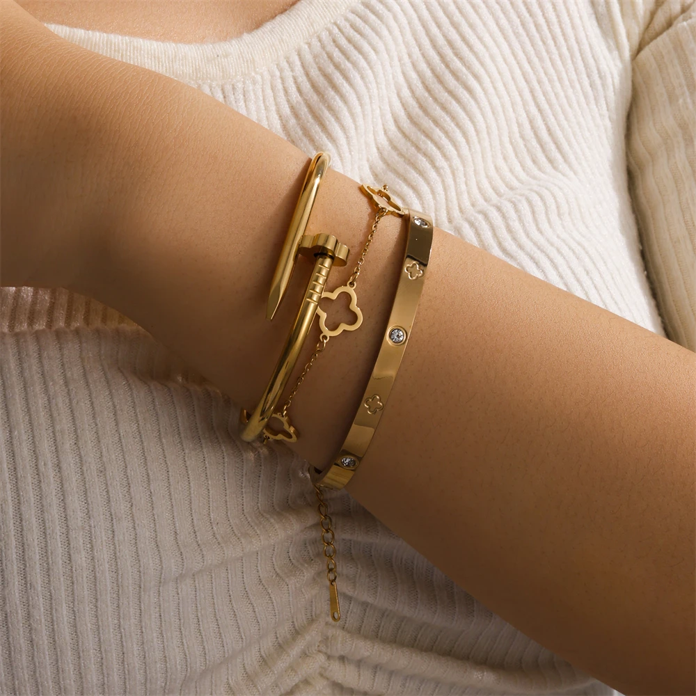 Conjunto de 3 piezas de pulsera de trébol de la suerte francés para mujer, pulsera de acero inoxidable de alta calidad, joyería con sensación de encanto, Gif