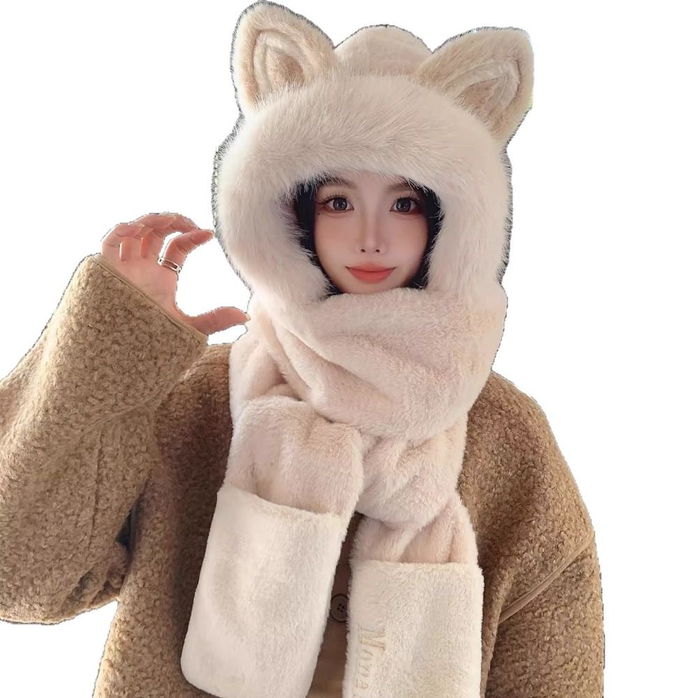 Nuevo gorro grueso, bufanda, guantes, conjunto de felpa para mantener el calor, gorros para mujer, gorro con orejas de zorro, gorro con protección para los oídos a prueba de viento para ciclismo