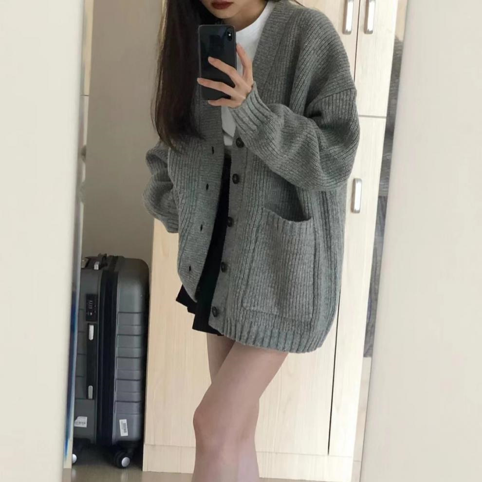 V ネックシングルブレストセーターカーディガン女性のコート春秋韓国ルーズニットトップ女性服