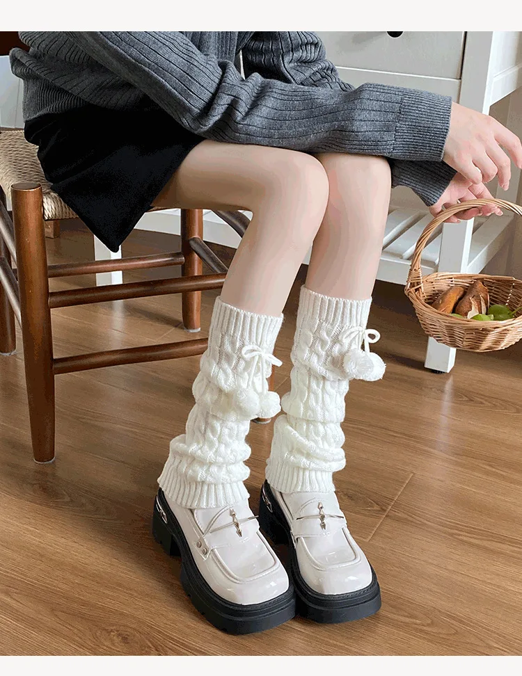 Dames Pluizige Pom Pom Sok Beenwarmers Gebreid Wit Zwart Verdikte Thermische Winterlaars Manchetten Gezellig Zacht Wollen