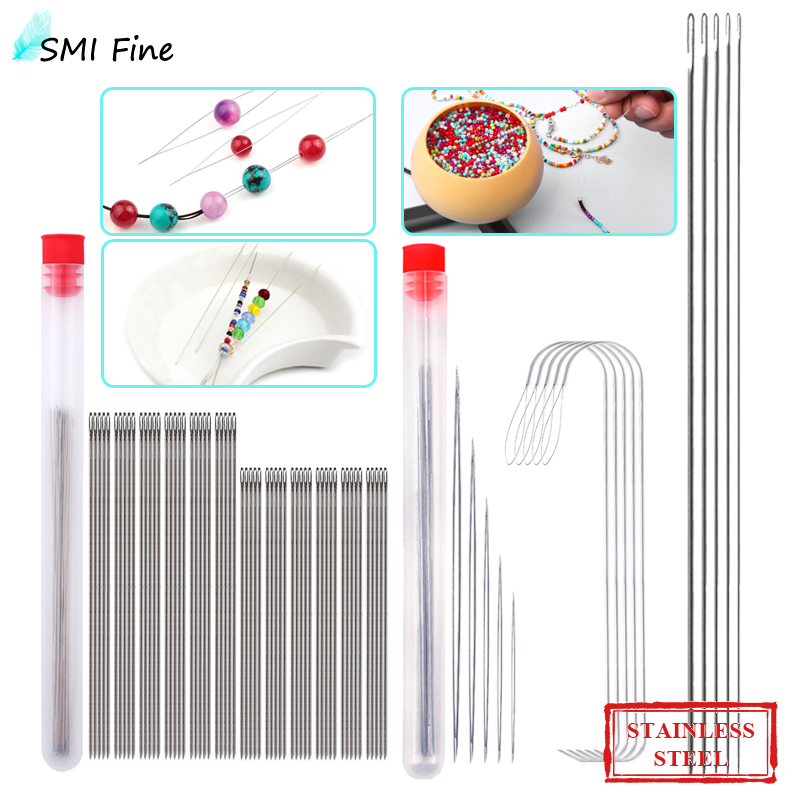 SMI Edelstahl-Perlennadeln, 4 Stile, Schmuckherstellung, Nadeleinfädler-Set, langes, gerades, großes Auge, Perlenwerkzeuge für Schmuck
