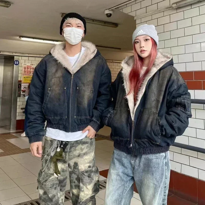 Outono e inverno nova jaqueta jeans solta, design retrô grosso e quente, jaqueta de algodão com capuz, jaqueta masculina ou feminina da moda