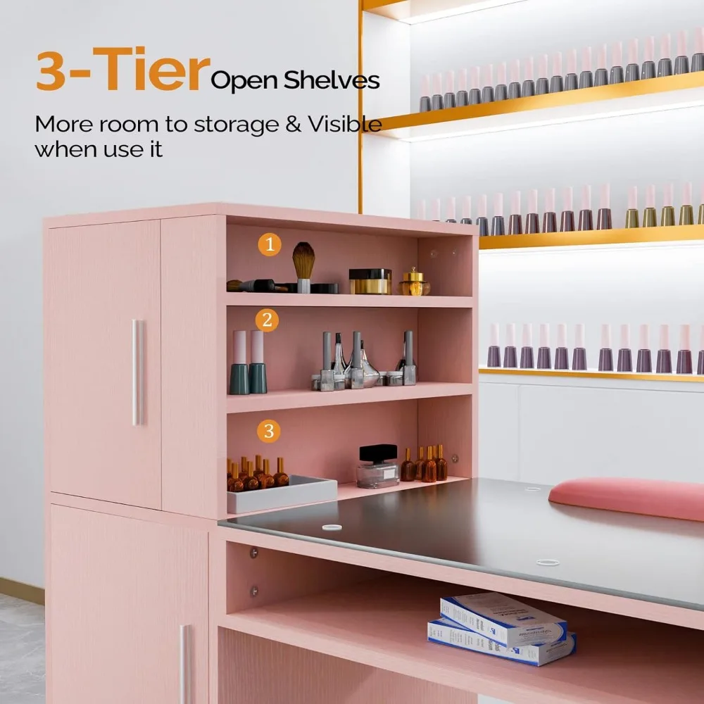 Manicure Table Nail Desk, Glass Top & Wrist Rest, 3 Side Cabinet+3 Drawers+3 Layers Open Cabinet+1 Open Drawer, Salon Nail Desk