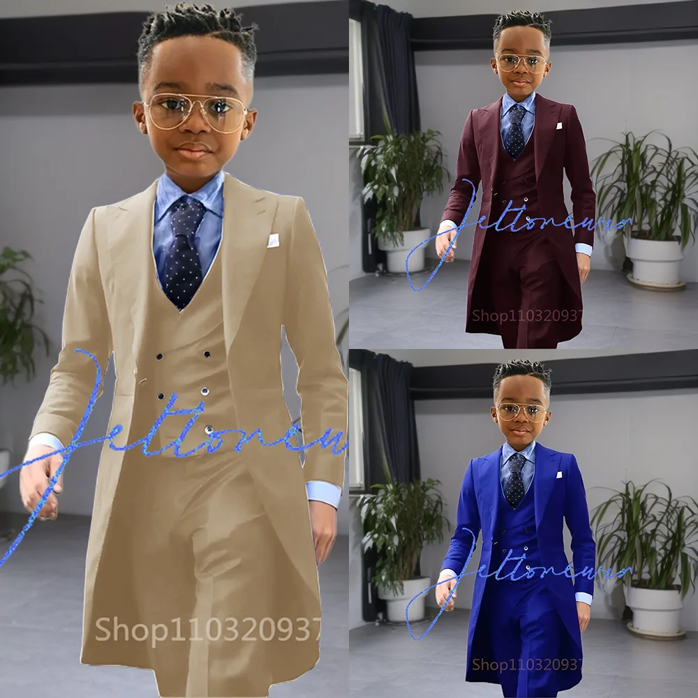 Abrigo de cola larga caqui para niños, trajes de caballero, esmoquin de moda para niños, chaqueta de graduación de boda, chaleco con pantalón, 3 piezas