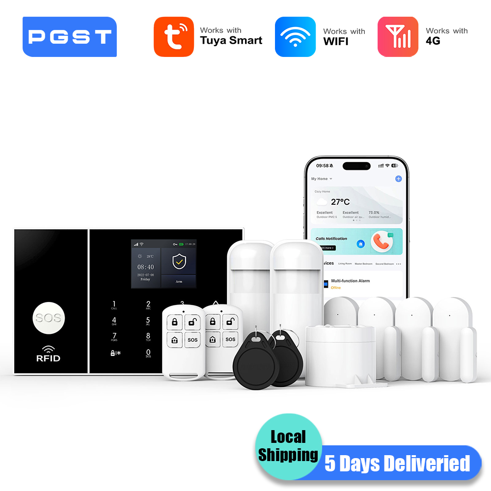 PGST TUYA Home Alarm System Smart Life APP Arbeit Alexa Google WIFI 4G Drahtlose Sichere Sicherheit für Haus 433 MHz
