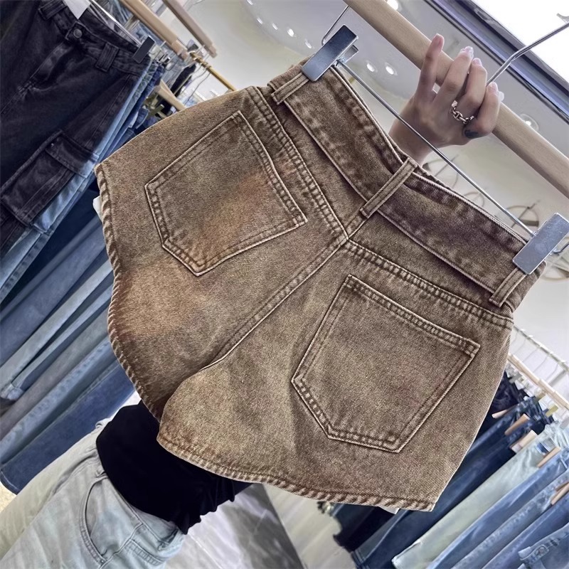 Shorts Retro Marrom com Cintura Cortada para Mulheres, Cintura Alta, Perna Larga Personalizada, Calças Quentes, Moda