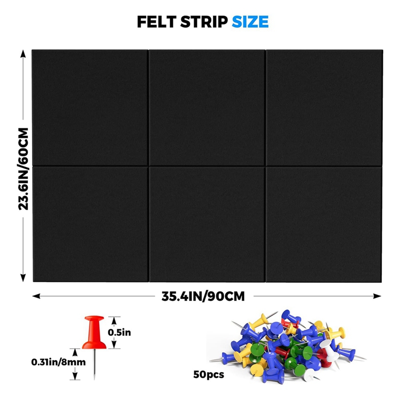 Cork Board Alternative, 6 Pack Felt Wall Tiles With 50 Pushpins For Walls Black Modular Panels
