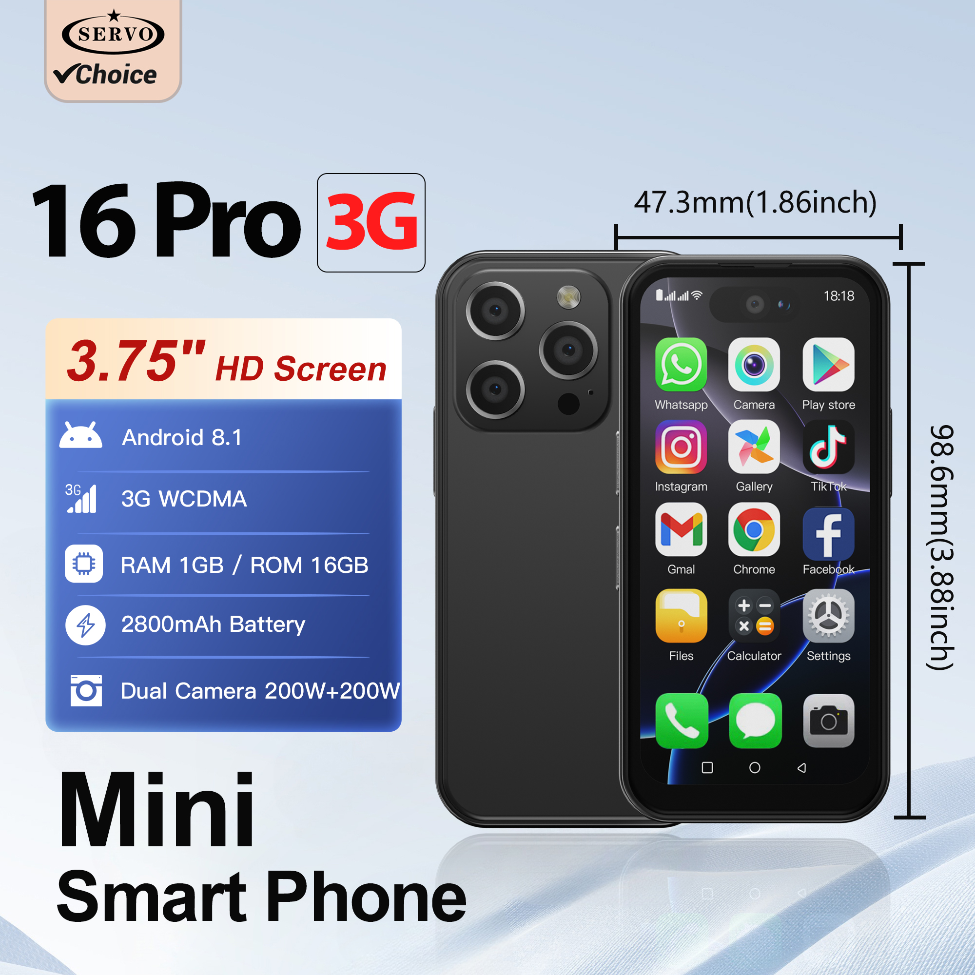 SERVO 16PRO Mini Smartphone 3G 3.75" Full Screen Dual SIM Dual Camera 1GB+16GB WiFi GPS Play Store Android 8.1 Small Smart Phone