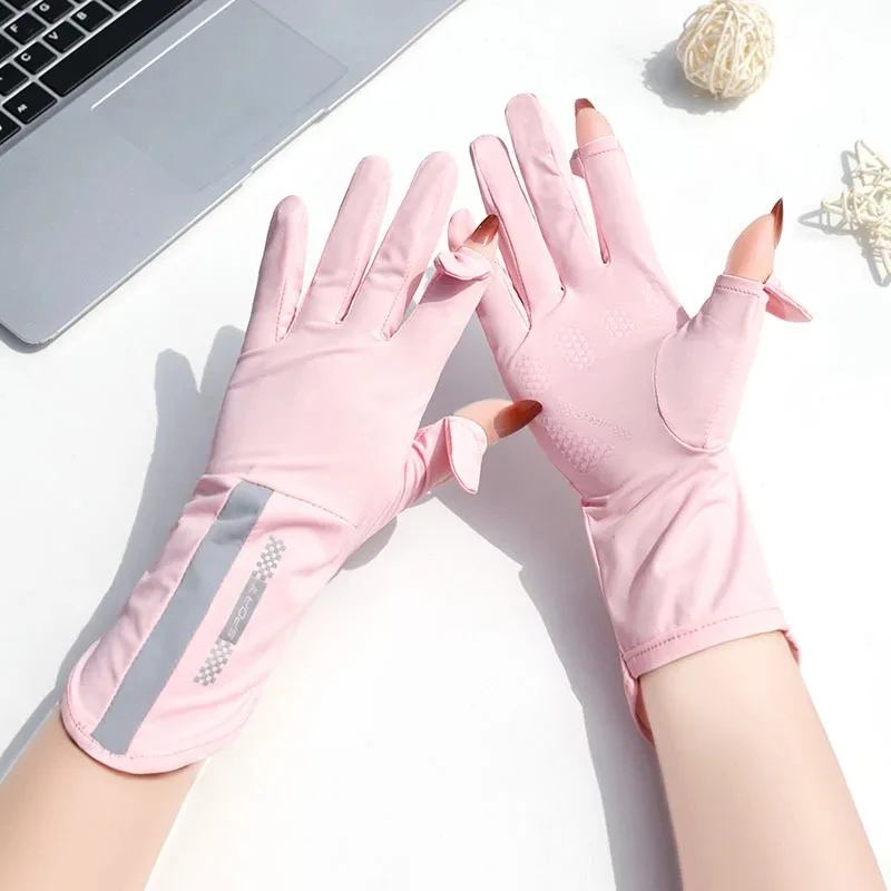 Summer Sunscreen Gloves Women Thin Ice Silk Anti-ultraviolet Dew Finger Touch Screen Driving Riding Non-slip Breathable UPF 50
