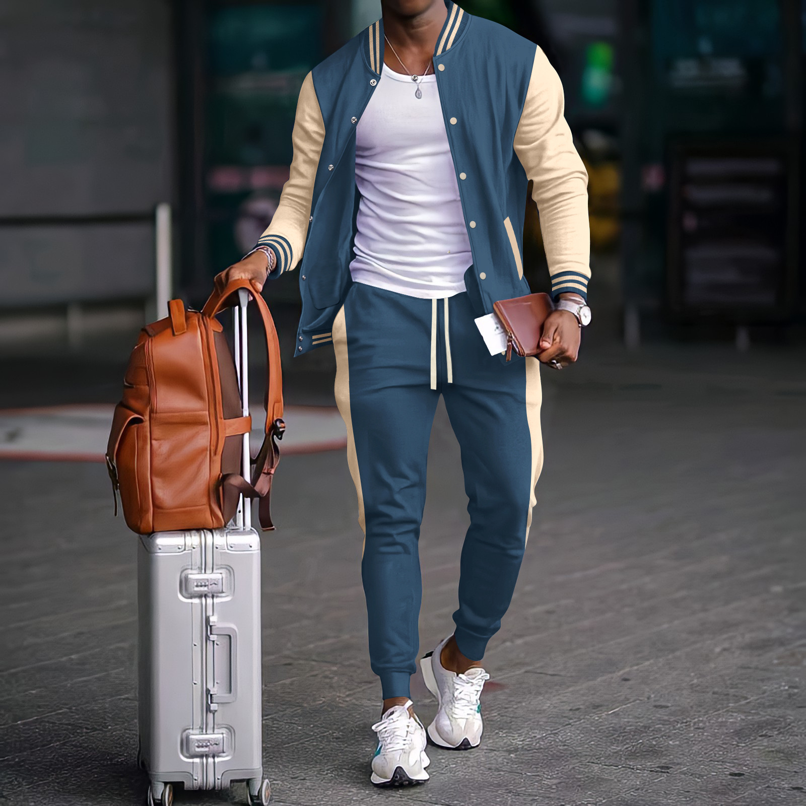 Outono e inverno novo terno de beisebol grosso casual masculino gola cardigan casaco combinando cor esportes calças manga longa terno