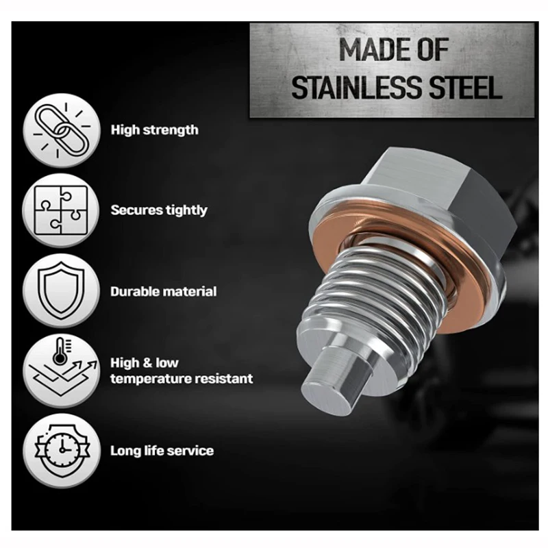 Tapón de drenaje de aceite magnético M14x1.5,M12,M16,M18 - Perno de acero inoxidable con imán de neodimio - con arandela de 5 Cooper - Tapón de aceite resistente