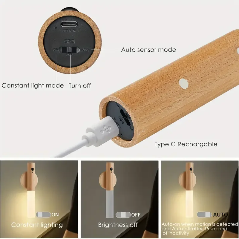 Smart Motion Sensor Night Light LED โคมไฟติดผนังแม่เหล็กแบบชาร์จไฟได้แบบพกพาสําหรับห้องโถงห้องนอนบันไดห้องน้ําตู้ตกแต่ง
