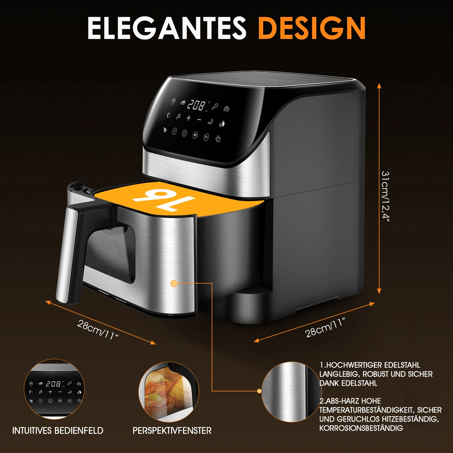 Friteuse à air visible 9L grande friteuse à air, 10 fonctions prédéfinies, rôtissage, cuisson, déshydratation, réchauffage, silencieux, antiadhésif