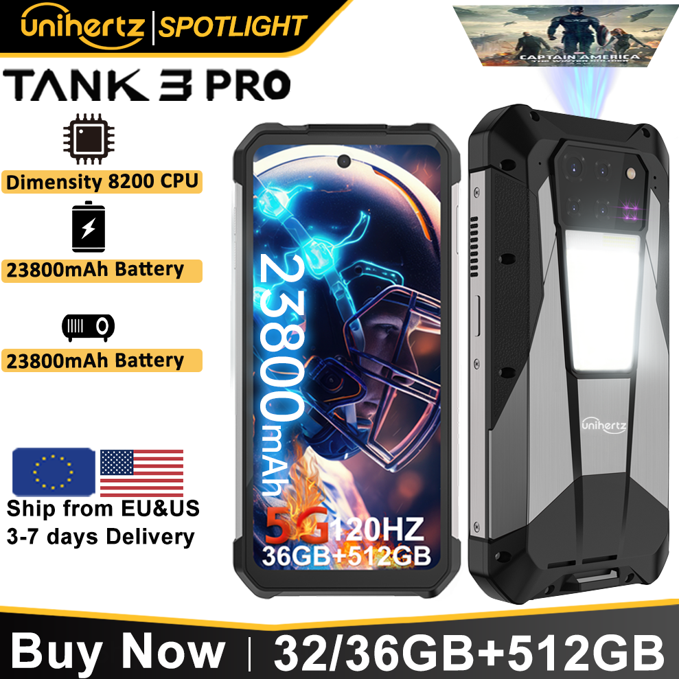 US EU MX Warehouse Unihertz Tank 3 Pro 8849 com telefone projetor 5G de 100 lúmens, 32 GB/36 GB de RAM, 512 GB de ROM, 23800 mAh 120 W, 200 MP, NFC