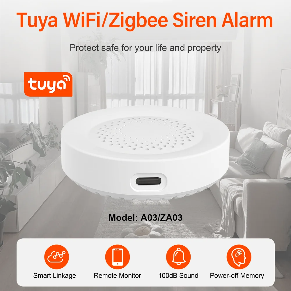 Tuya Zigbee WiFi-sirene-alarm voor Smart Home Security 100db-luidspreker Werkt met Alexa Yandex Alice Vereist Tuya Zigbee Hub.