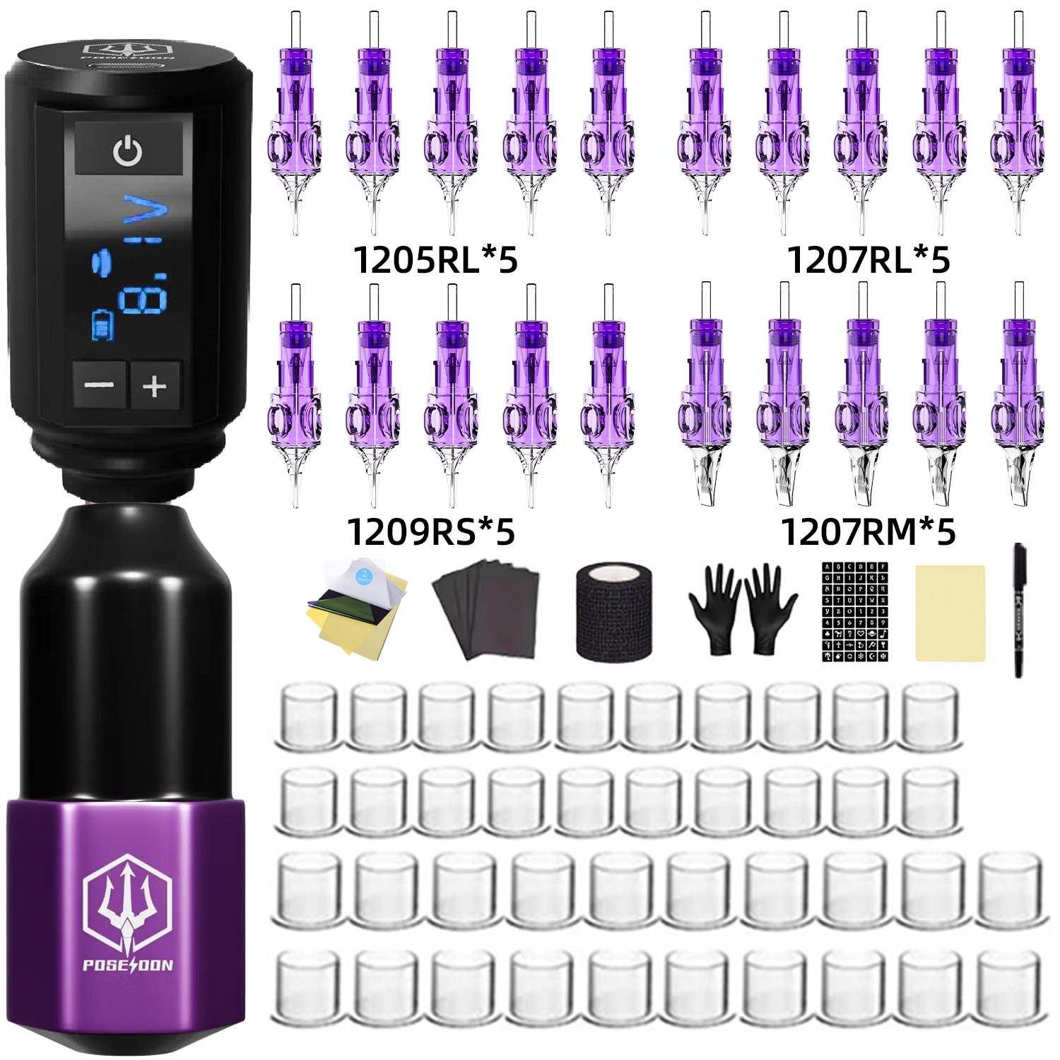 ชุดสัก POSEIDON น้ําหนักเบาชุดปากกาสักสําหรับแต่งหน้าถาวรสักเครื่องไร้สาย Tattoo Power Supply Tattoo Gun Kit