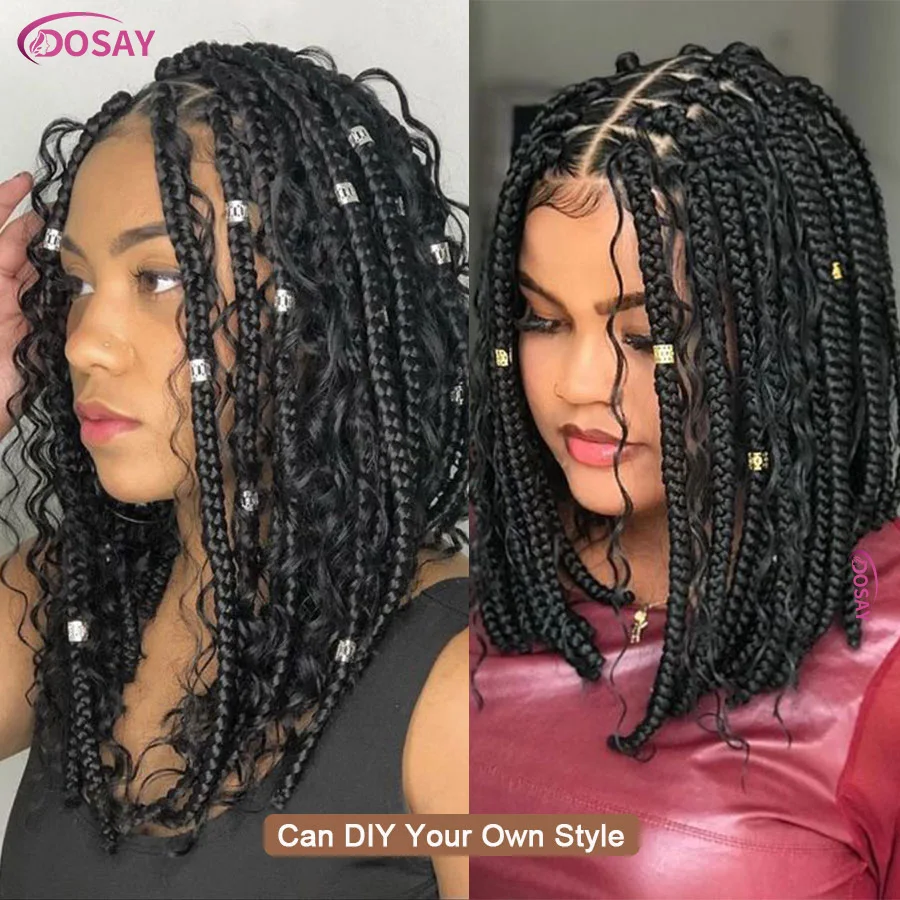 สั้น 12 นิ้ว Bohemian Curly Braided Full Lace ด้านหน้าวิกผม Knotless กล่อง Braid Bob วิกผมผู้หญิงสังเคราะห์ Locs เทพธิดา Cornrow Braids