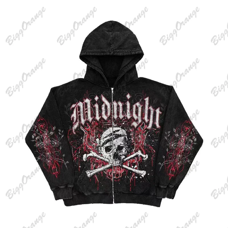 Sudadera con capucha retro americana para mujer, Sudadera con capucha de gran tamaño con estampado de calavera gótica a la moda, ropa informal de hip-hop callejero Y2K versátil 2024