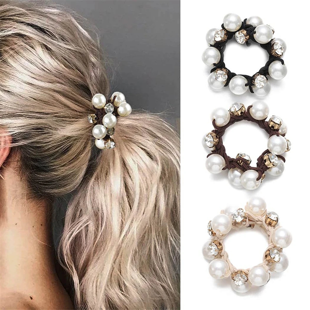 3 ชิ้น Paux Pearl Brimmed ผม Tie Glitter Rhinestone ตกแต่งเชือกผม Retro สไตล์ Scrunchies สําหรับผู้หญิง