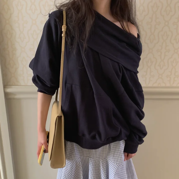 Cute Kangaroo ket Hooded oulder Bared Cotton Blend Design Sense Women's Sweatirt Casual Commute Sle Regular Length