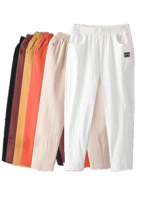 Calças Fenas Casuais de Verão em Aodão e Linho com Cintura Elástica, Estilo Harlan, Ajuste Solto, Calças de Nove Pontos...