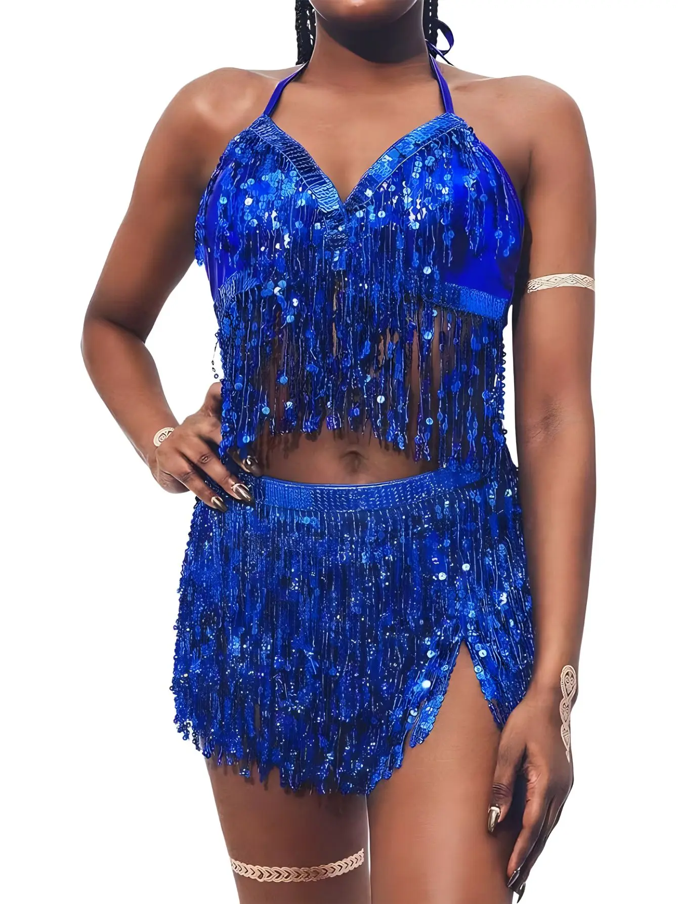 Buikdans Top Beha Riem Set Latin Pailletten Fringe Halter Hippe Rok Sexy Feestkostuum 4-laags Kwastje Stage Performance Doek Slijtage