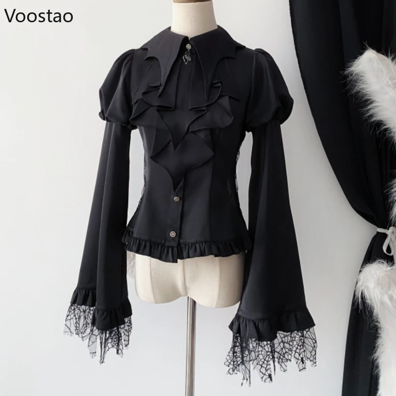 Viktorianischen Vintage Lolita Stil Shirt Frauen Casual Gothic Mesh Laterne Hülse Dünne Bluse Weibliche Y2k Ästhetischen Kawaii Tops Blusas