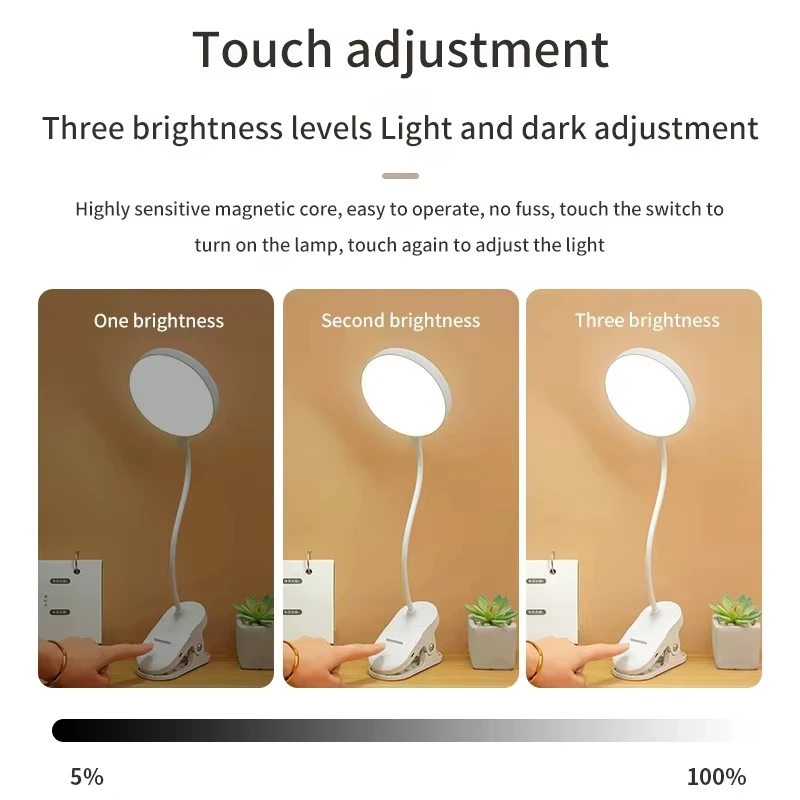 Lámpara LED portátil con Clip para mesa, lámpara de escritorio con Clip recargable por USB, luz nocturna de lectura para cama, luz táctil con 3 modos de atenuación, luz de protección ocular