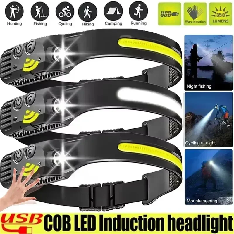 1 ~ 4Pack Lampada frontale con sensore LED Torcia USB ricaricabile XPE + COB Torcia da campeggio Faro impermeabile per lanterna da pesca