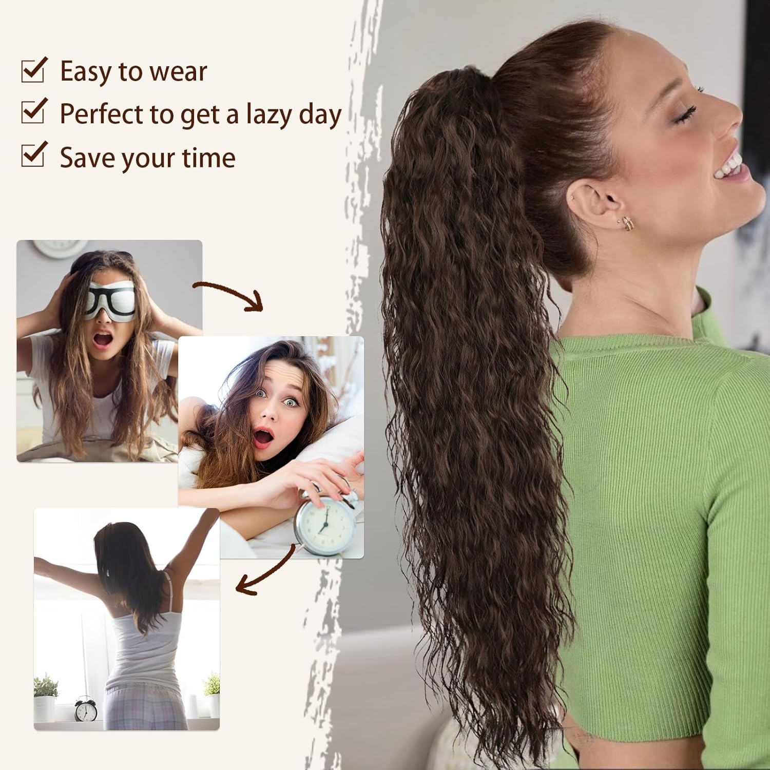 Extensión de cola de caballo para mujer, extensiones de cabello con cordón, cola de caballo ondulada larga y rizada, postizo sintético ondulado Natural