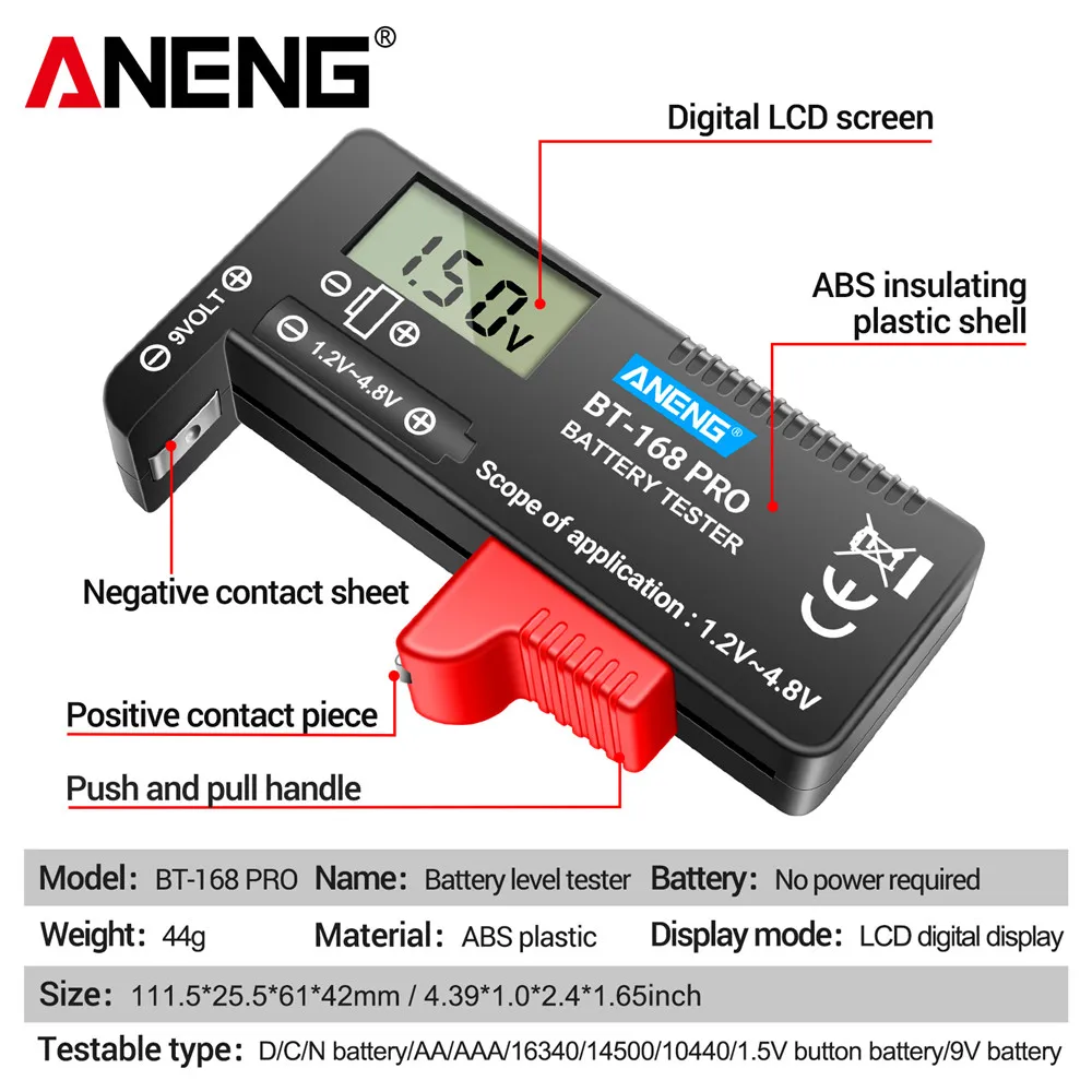 Probador Universal de capacidad de batería de litio ANENG BT-168 PRO pantalla Digital analizador de carga a cuadros AAA AA pila de botón también