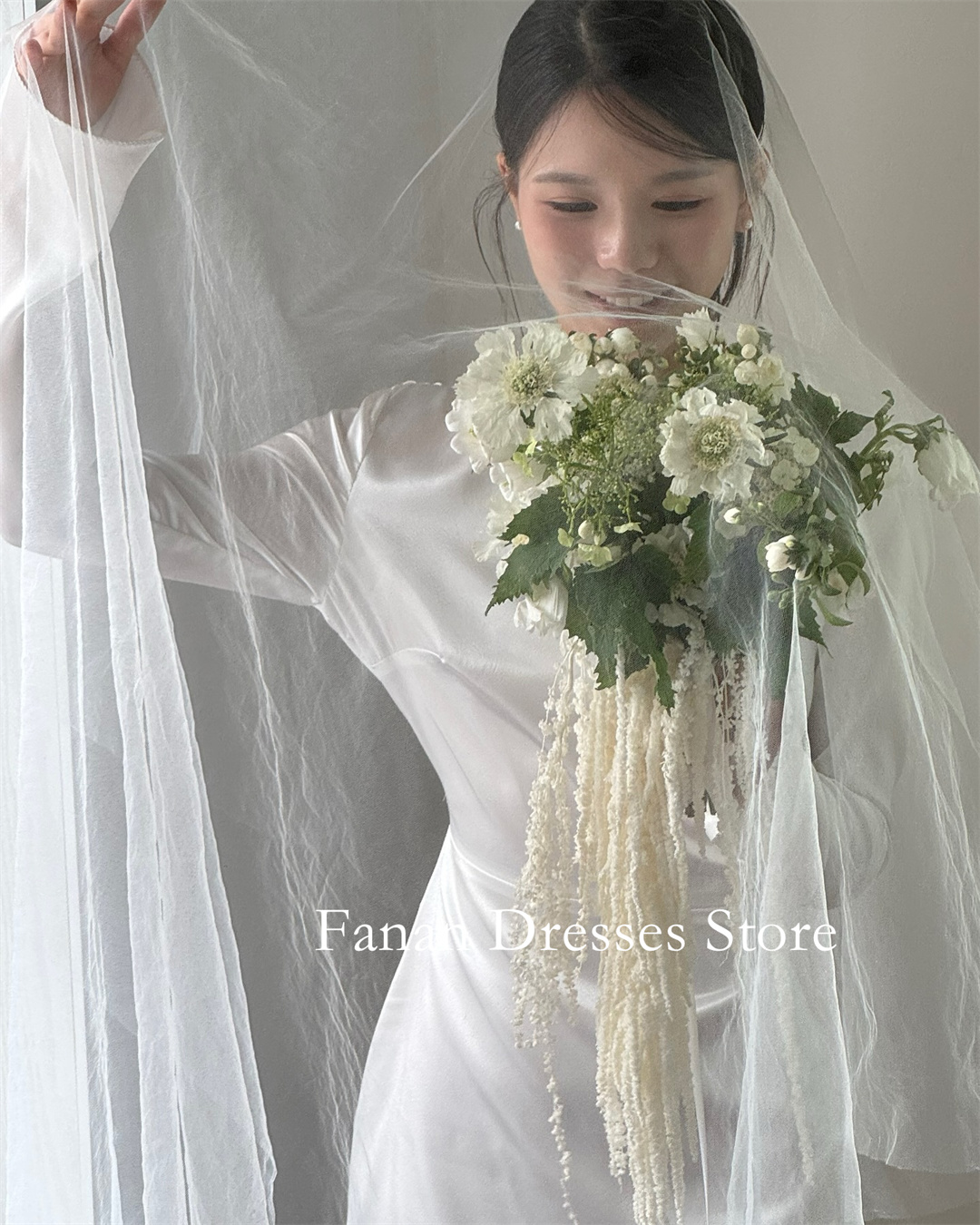 FANAN Boat Neck Korea Sheath Wedding Dresses 웨딩드레스 Silk Satin Ivory Long Sleeves Customized Pretty  Bride Gowns Plus Size