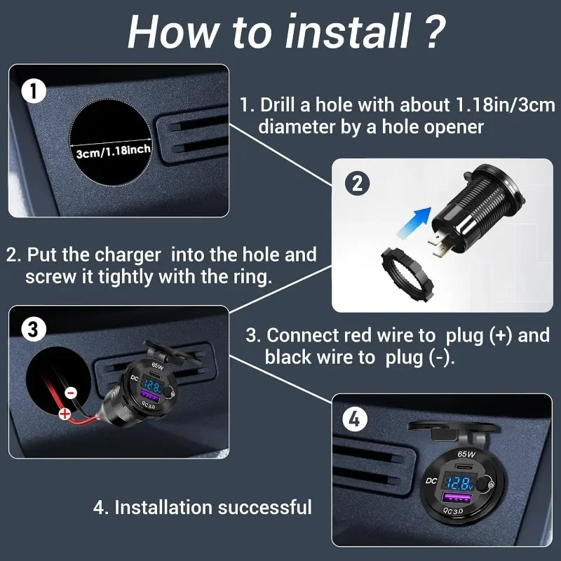 12V/24V USB carga de coche 83W PD tipo C toma de carga rápida enchufe de ordenador portátil con voltímetro adaptador de carga de toma de corriente de motocicleta