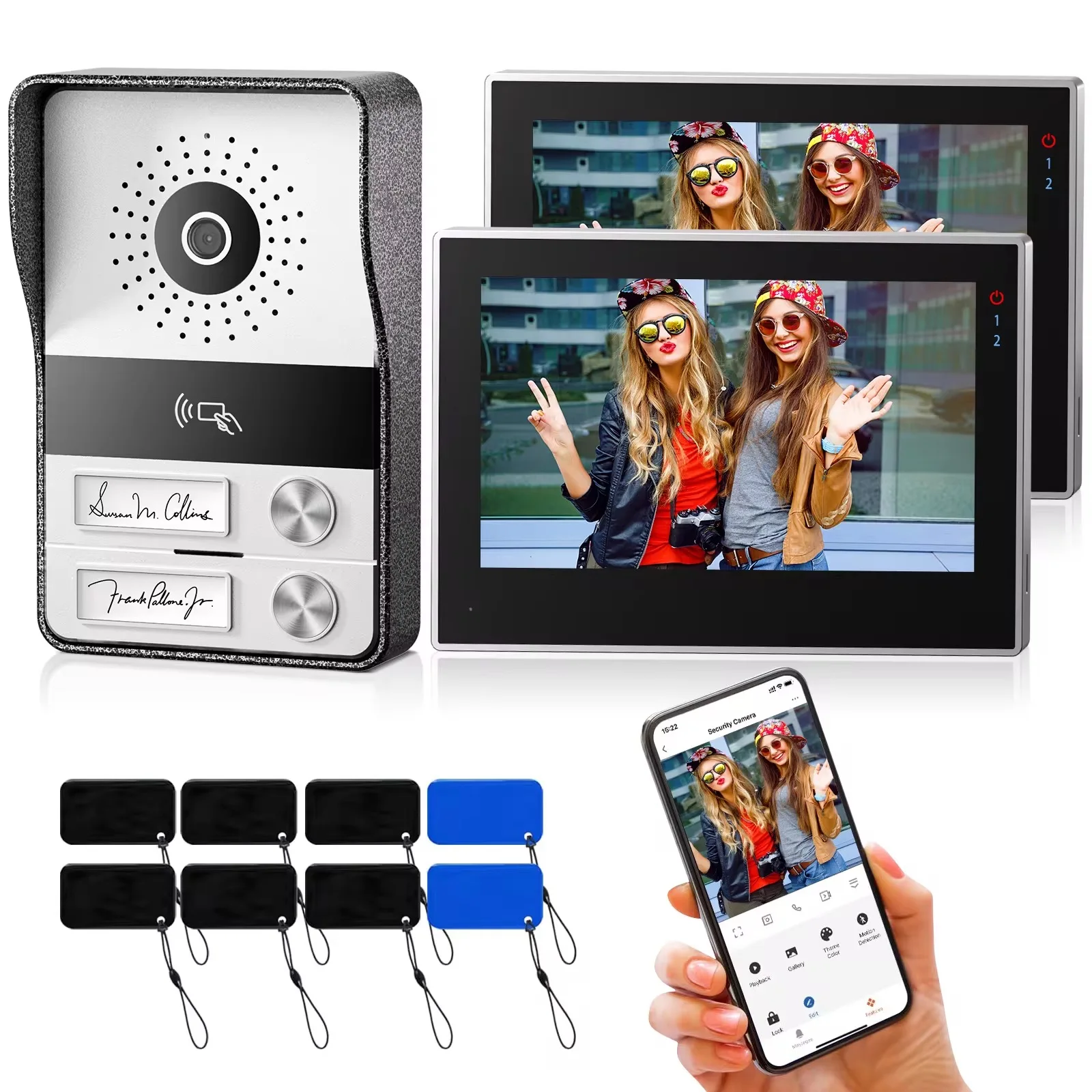 2-przewodowy TMEZON wideodomofon WiFi dzwonek domofon 7 Cal 1080P Monitor z ekranem dotykowym aplikacja/przesuwanie/karta 4w1 odblokuj aplikację tuya