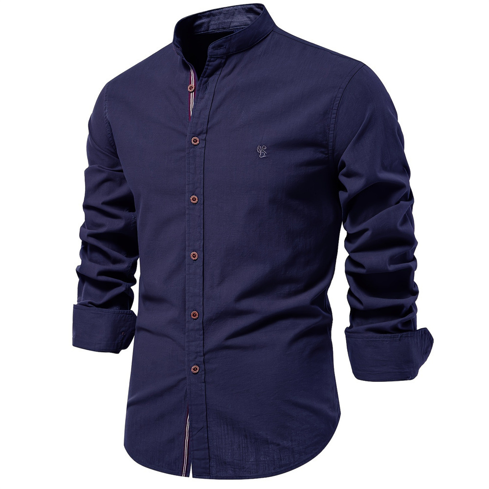 Outono novo 100% algodão camisa social masculina cor sólida manga longa camisa de alta qualidade para homem gola alta camisas masculinas casuais