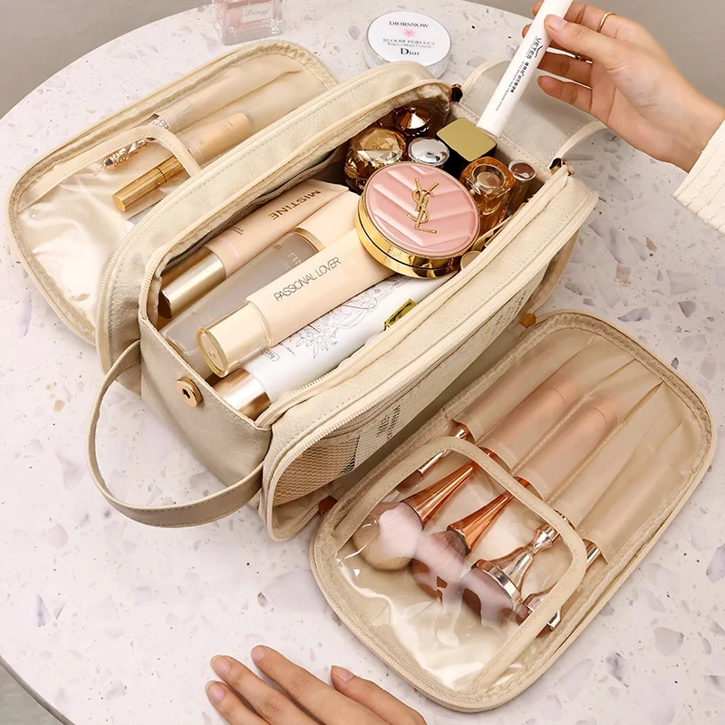 Bolsa de maquillaje multifuncional para mujer, bolsa de almacenamiento de artículos de tocador de cuero PU de gran capacidad, portátil, con doble cremallera, para viaje
