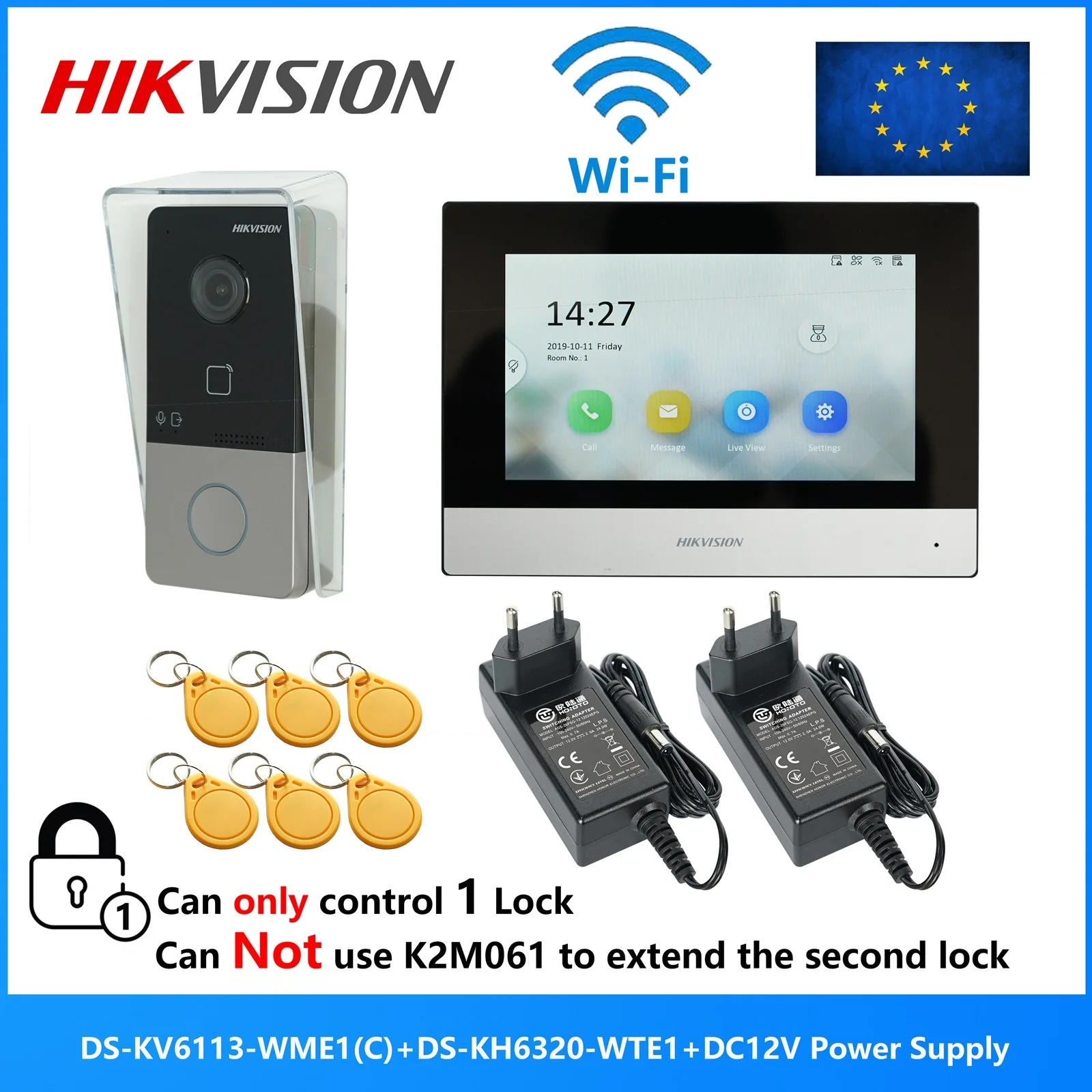 HIKVISION DS-KIS603-P(C) Meertalige video-intercom KIT, inclusief DS-KV6113-WPE1(C) & DS-KH6320-WTE1 & voeding, ondersteuning poe