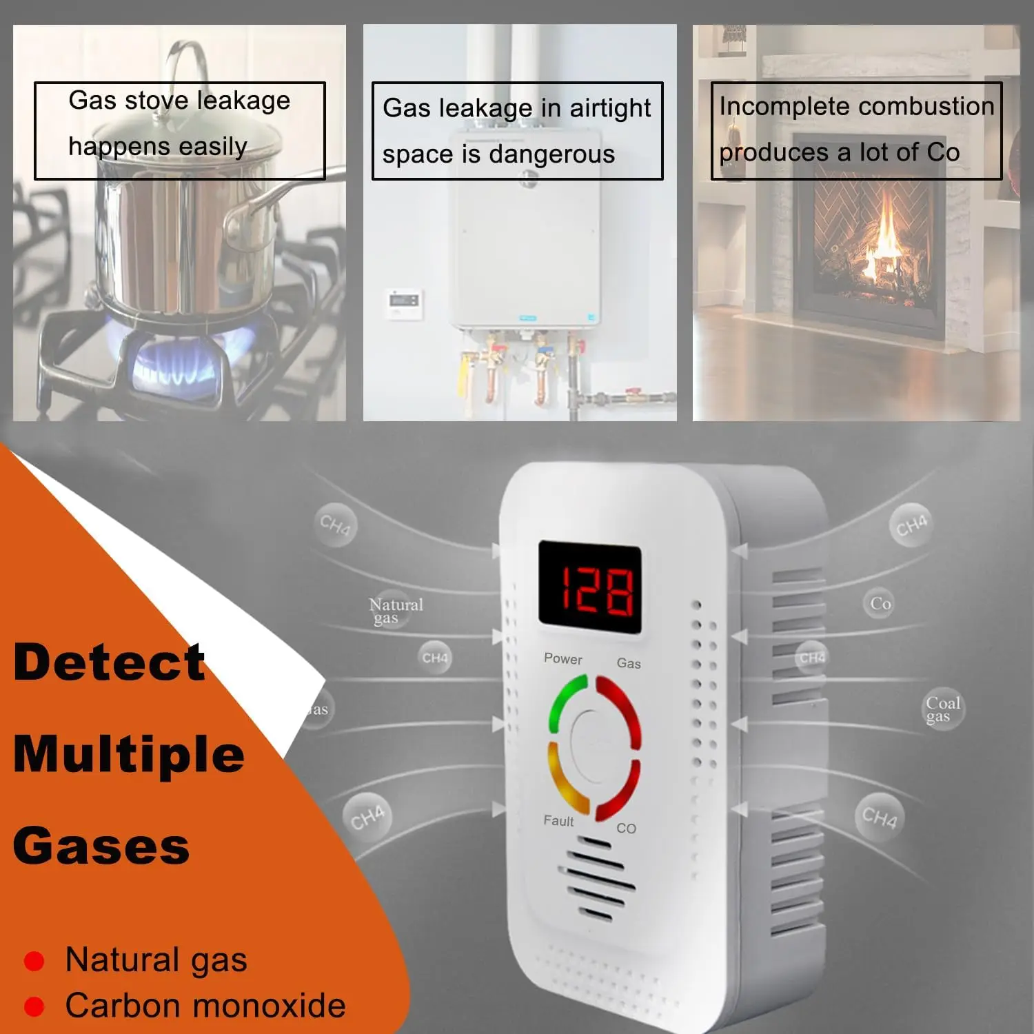Detector de gas natural 2 en 1 y detector de monóxido de carbono CO, monitor detector de fugas de gas combustible para Co, Lng, GPL, metano