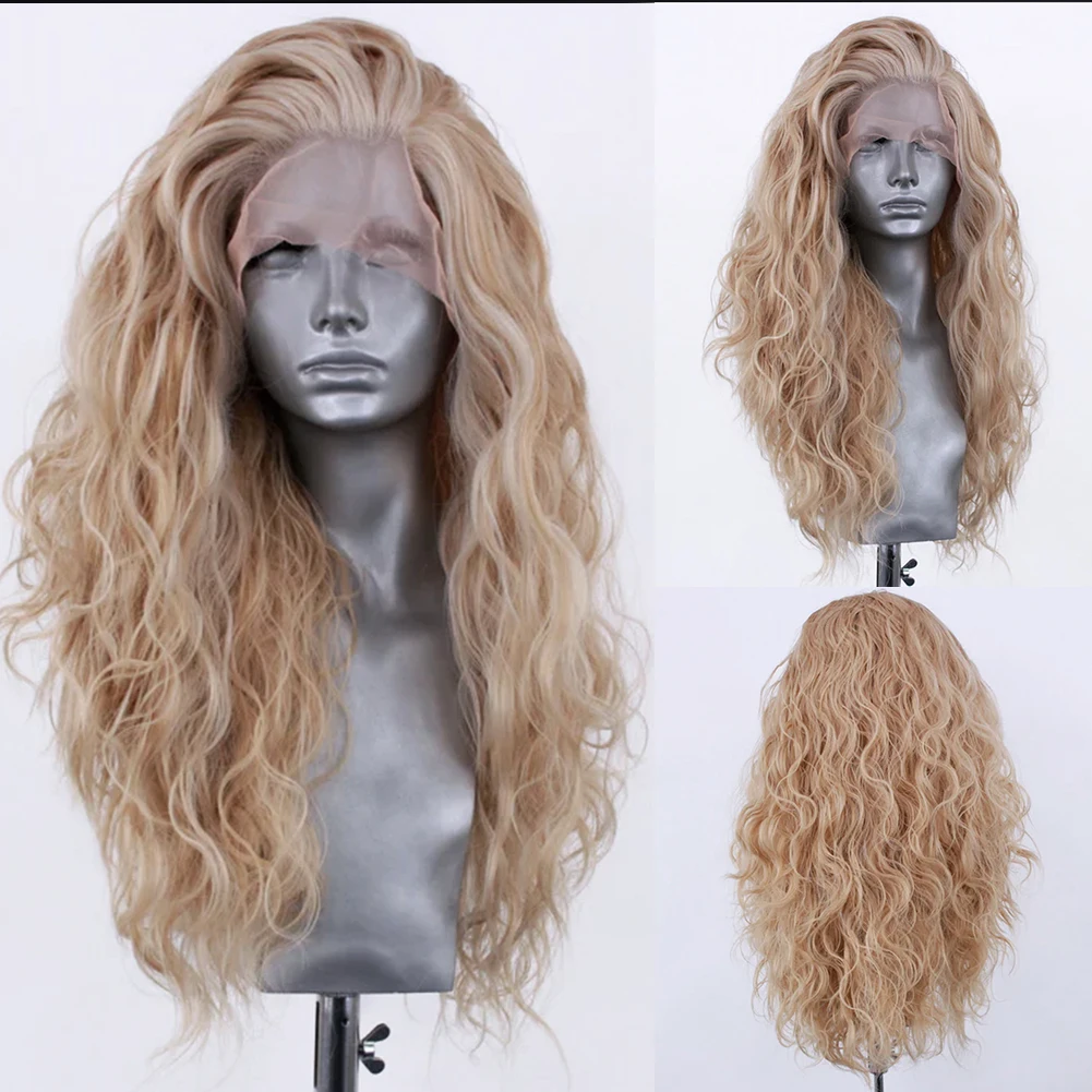Aimeya longo ondulado loira peruca dianteira do laço sintético para mulheres estilo moda perucas de renda parte livre peruca de fibra resistente ao calor cosplay