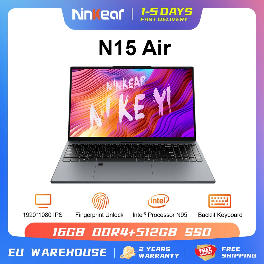 Ninkear N15 Air Laptop Intel N95 15,6 Zoll FHD IPS 16 GB DDR4 512 GB SSD Tastatur mit Hintergrundbeleuchtung Fingerabdruck-Entsperrung Notebook
