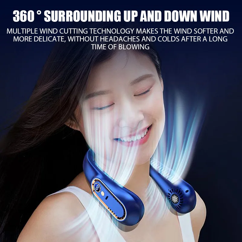 Tragbarer Mini-Hängehalsventilator mit digitaler Anzeige, Leistungsventilator, blattloser Nackenbügelventilator, Luftkühler, wiederaufladbare USB-Elektroventilatoren