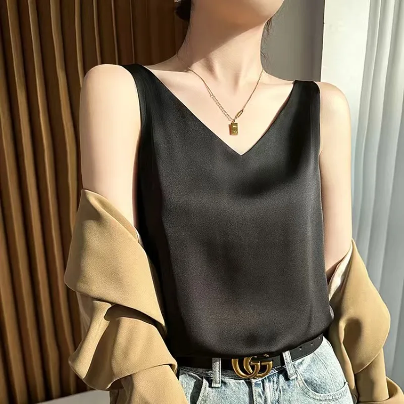 S-3XL de encaje de seda satinada para mujer, camisetas sin mangas de verano, chaleco, blusa informal para mujer con cuello en V, correas sin mangas, chaleco con cuello en V, camisa para mujer