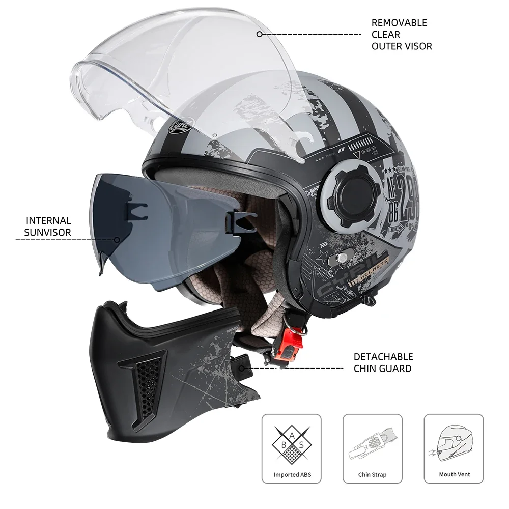 Full Face Open Face Capacete de Motocicleta para Homens e Mulheres, Lente Dupla, Modular, DOT, ECE Aprovado, CYRIL, OP12A, Retro Moto