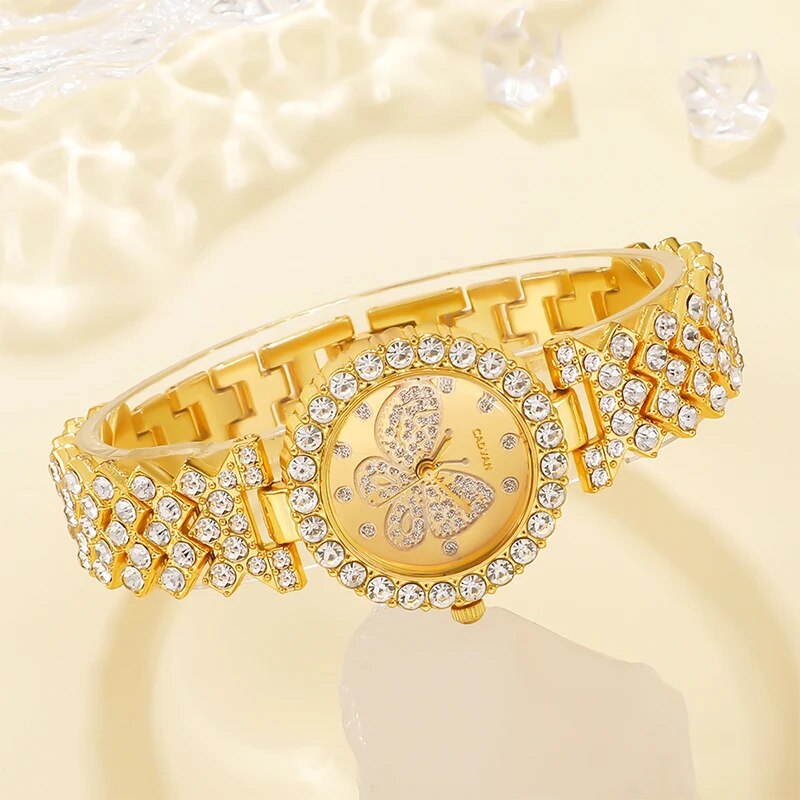 Women Butterfly Dial Watch Design de marca Relógio feminino Relógio pulseira de aço quartzo moda luxo Set com diamantes