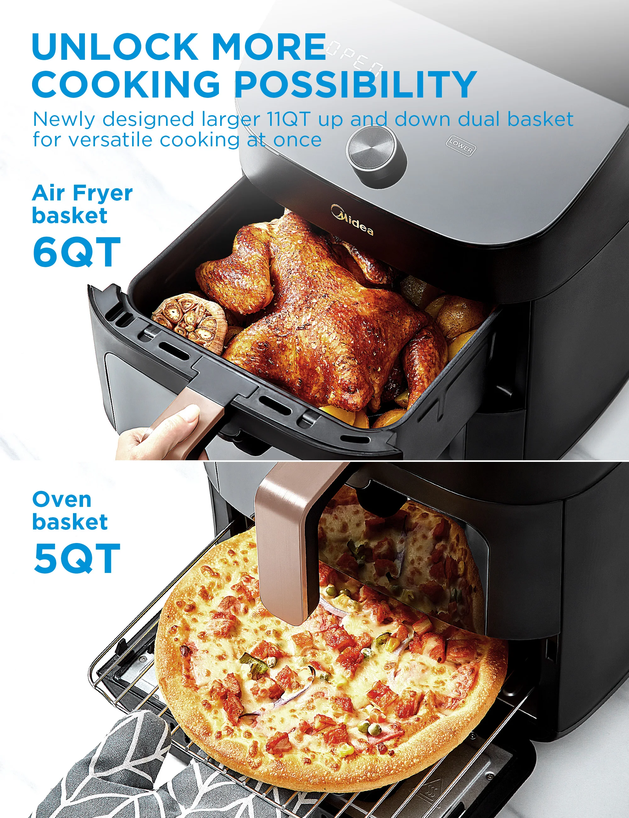 Midea Heißluftfritteuse, Doppelstapel, überlappende Airfryer, Smart WiFi Sync mit Alexa, 11L XL vertikal platzsparend, MAF002S