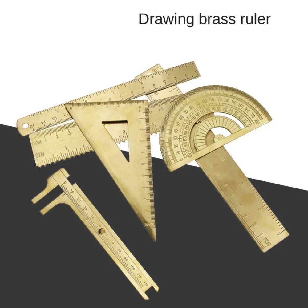 Vintage Brass Straight Ruler Measuring Tool Gold Bookmark Painting Drawing Tools Stationery Metal Triangle Ruler Protractor