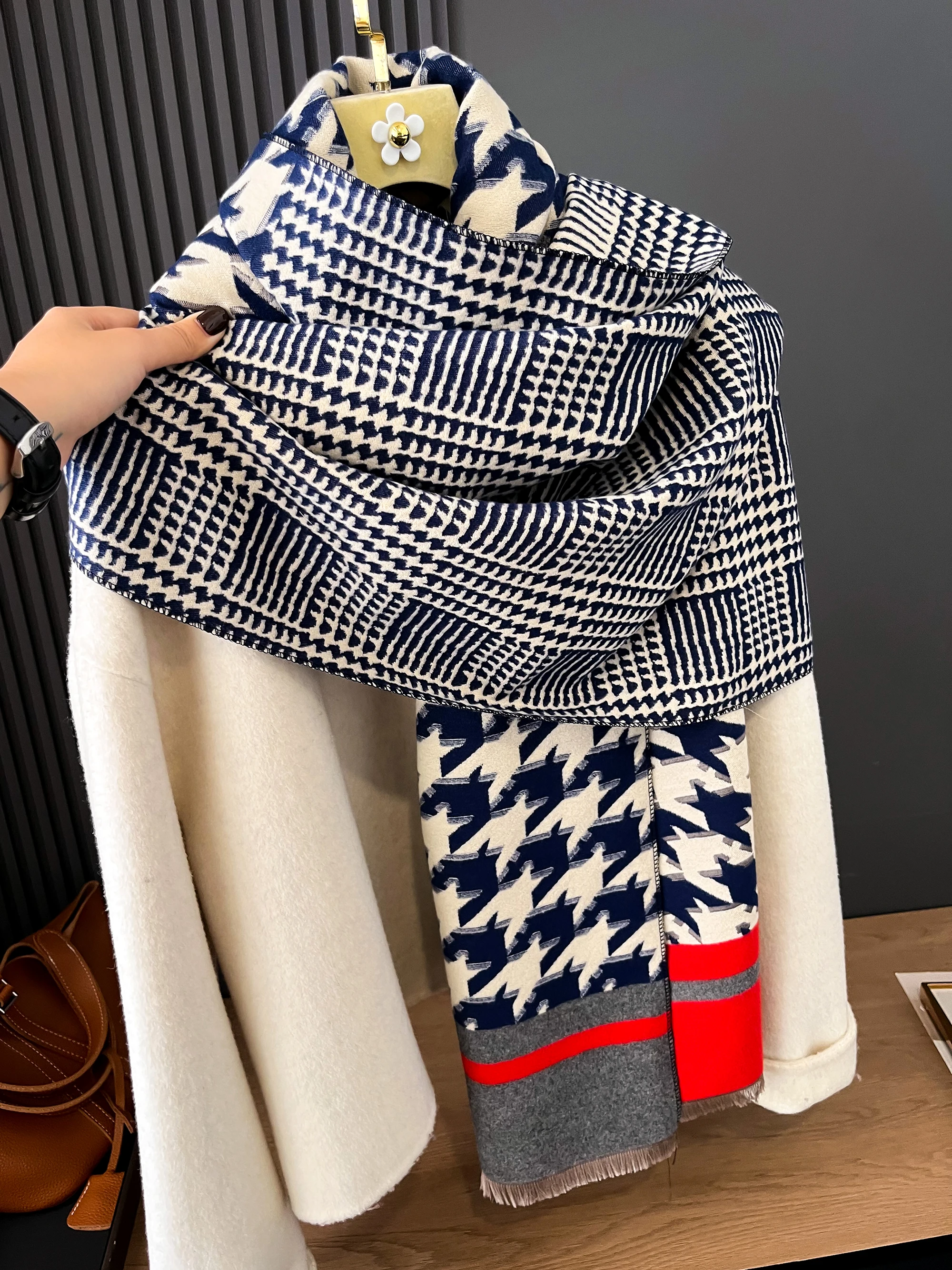 Sacarf de caxemira de luxo para mulheres houndstooth grosso cobertor de inverno com borla grande xale e envoltório bufanda mantilla quente