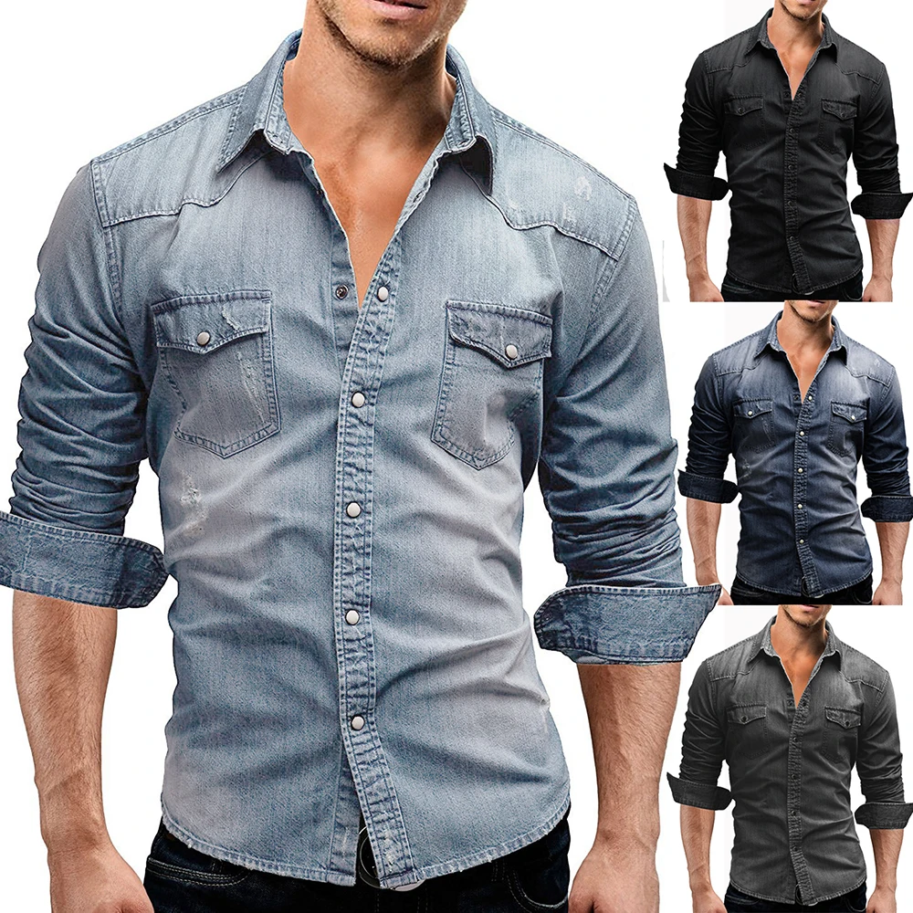 Camisa vaquera de otoño para hombre, manga corta, algodón suave, dos bolsillos, pantalones vaqueros elásticos ligeros ajustados, camisa vaquera, camisas para hombre